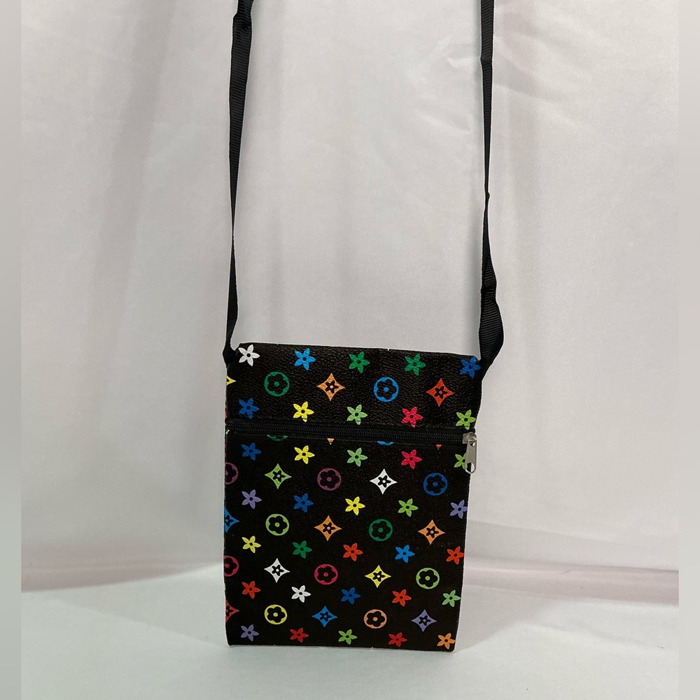 Multicolor Designer Murakami Zipper Side  Crossbody Bag w/Ribbon Strap 
Black